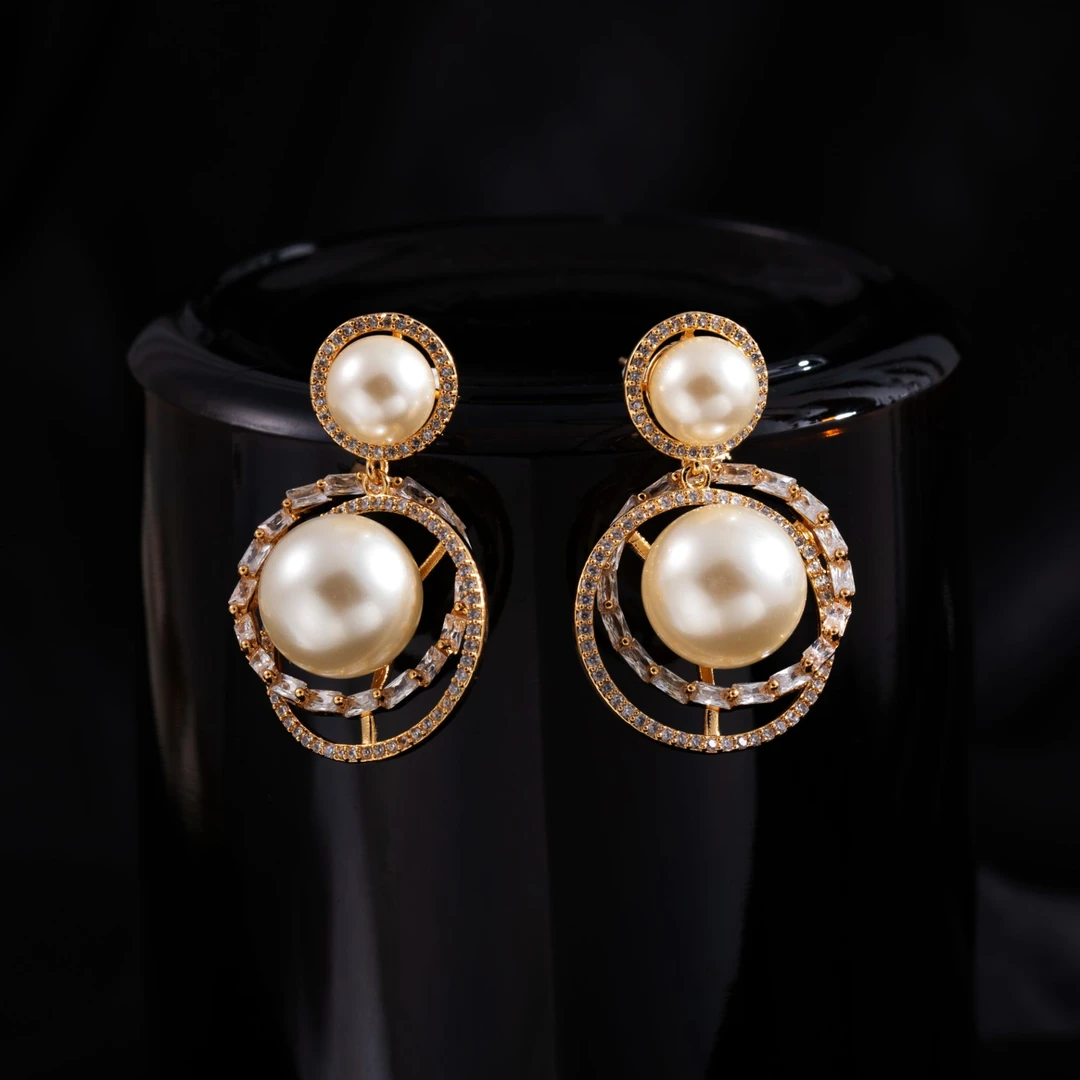 铜合金合成锆石耳饰 【LANSE 新年系列·双环记】法式小香风耳钉耳环