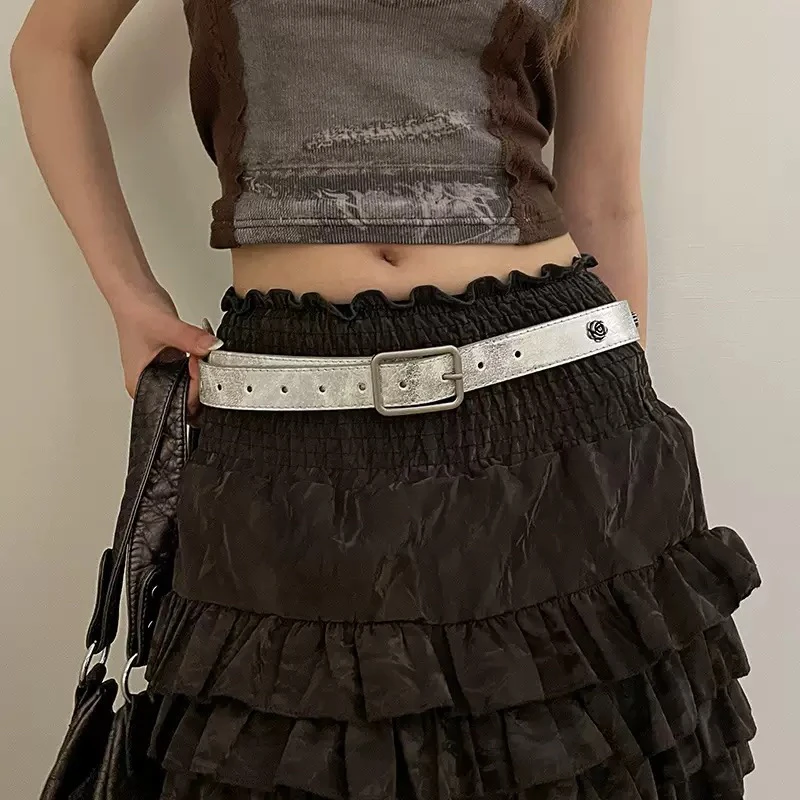 复古质感花朵银色腰带女配裙子牛仔裤个性小众设计感休闲百搭皮带