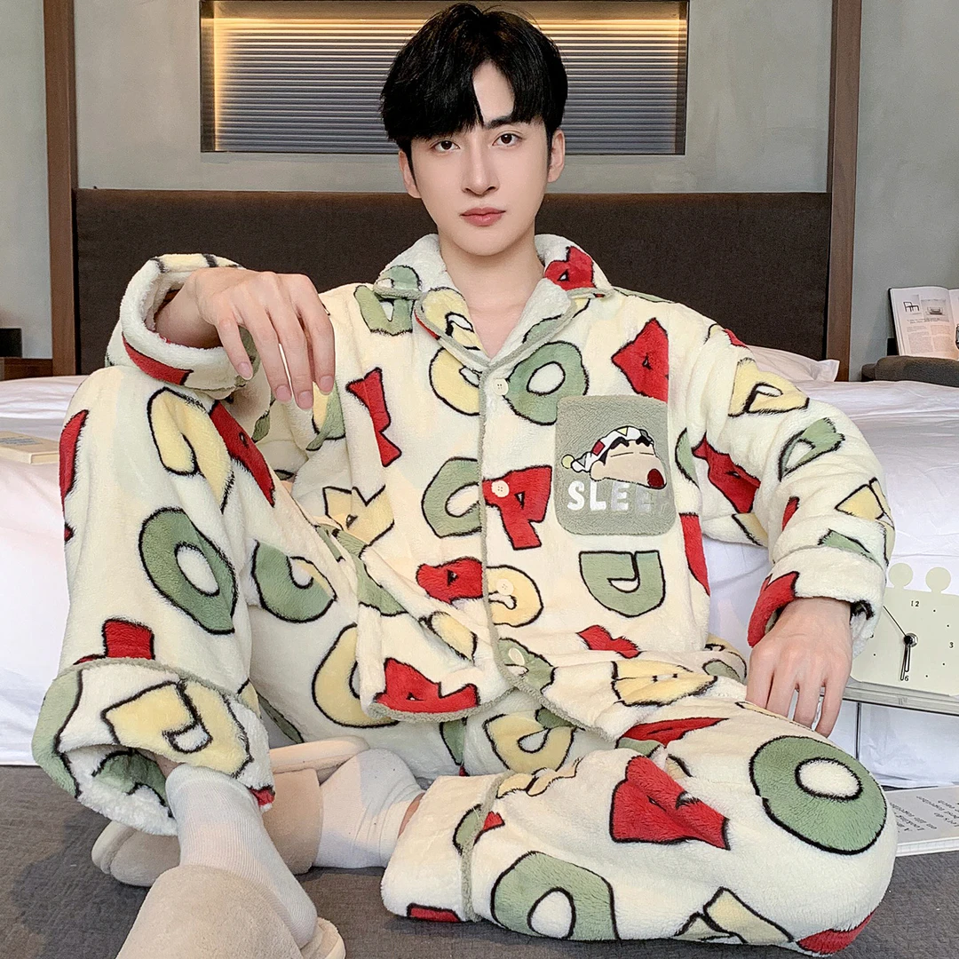 卡通男士睡衣冬季新款加厚珊瑚绒宽松大码法兰绒学生家居服套装秋