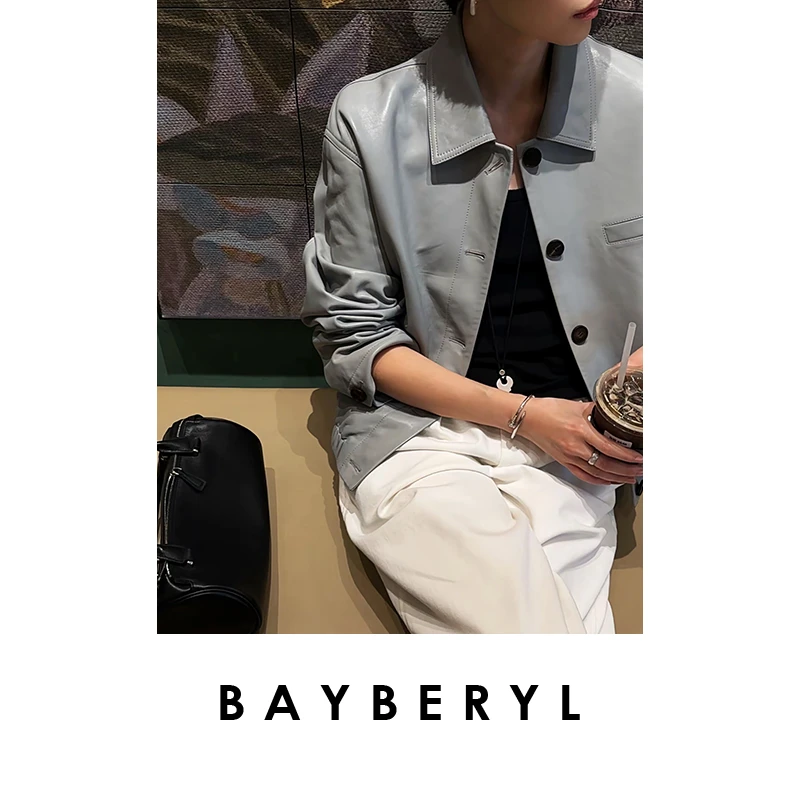BAYBERYL老贝腊梅*油蜡干练百搭翻领单排扣皮衣9PY5F0725