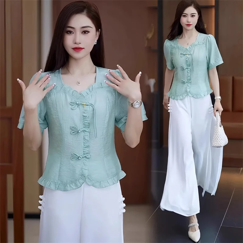 小个子国风盘扣雪纺衫女减龄别致小衫2025夏季新款短袖洋气质上衣