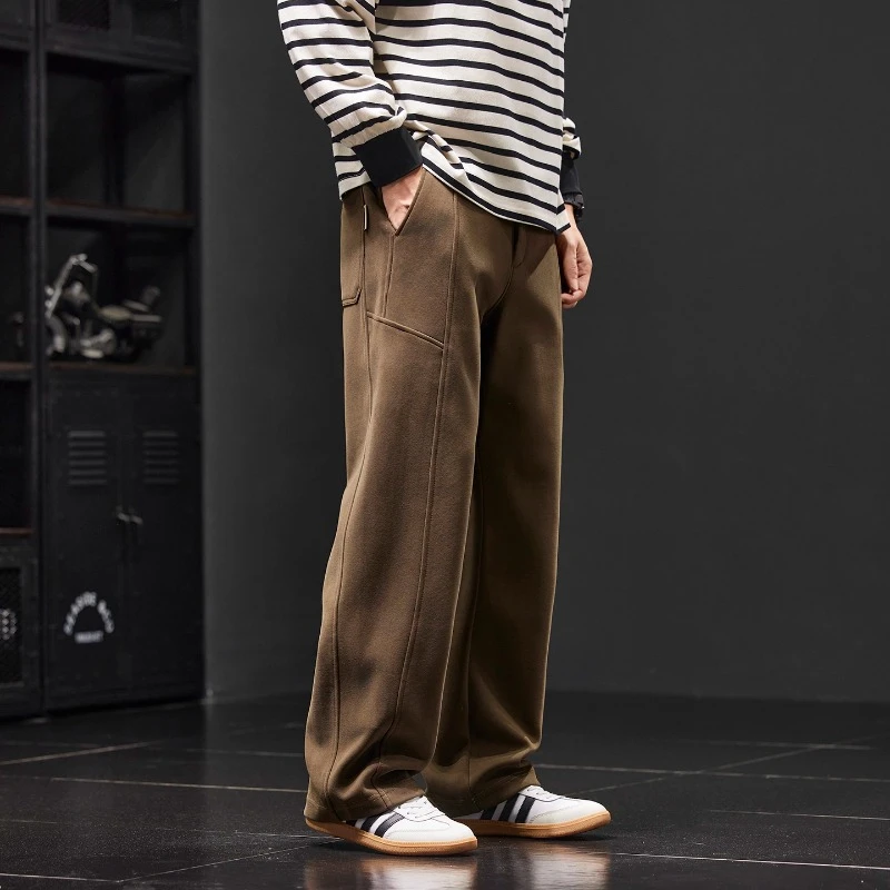 MR.MUDI/穆迪先生美式复古重磅拼接卫裤男款秋冬宽松直筒阔腿弹力