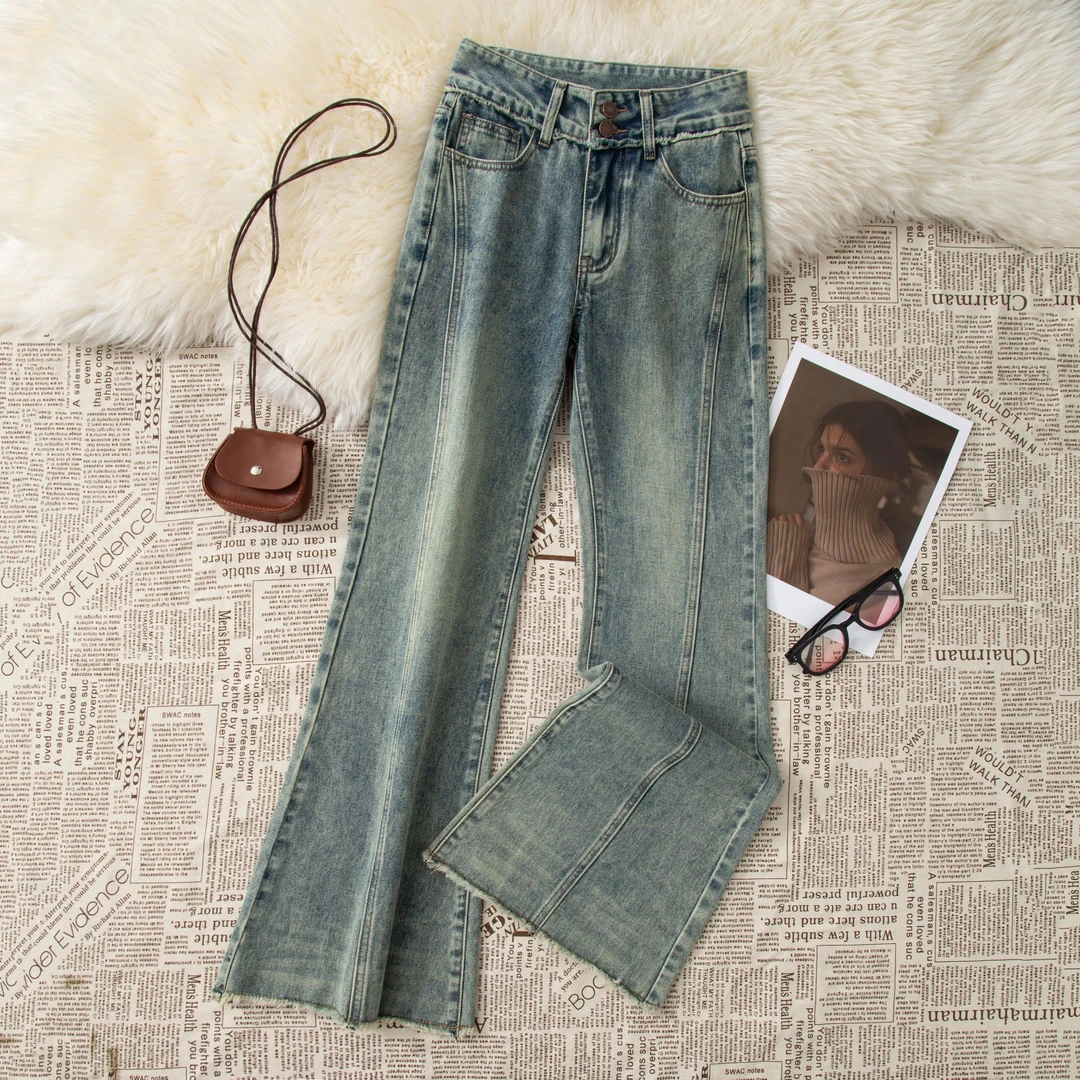 复古中腰喇叭裤阔腿裤无弹牛仔裤无弹性感风长裤裤子