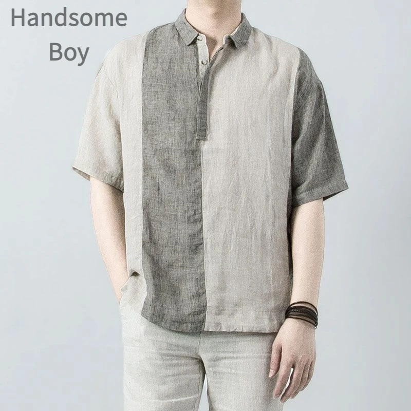 复古秋季宽松薄款男装衬衫男士休闲中式风格大码秋季宽松大码撞色