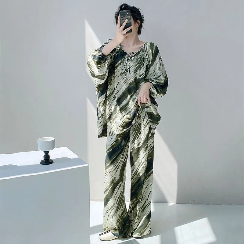 100％棉绸女家居服套装薄款夏季长袖人造棉睡衣可外穿长款家居服