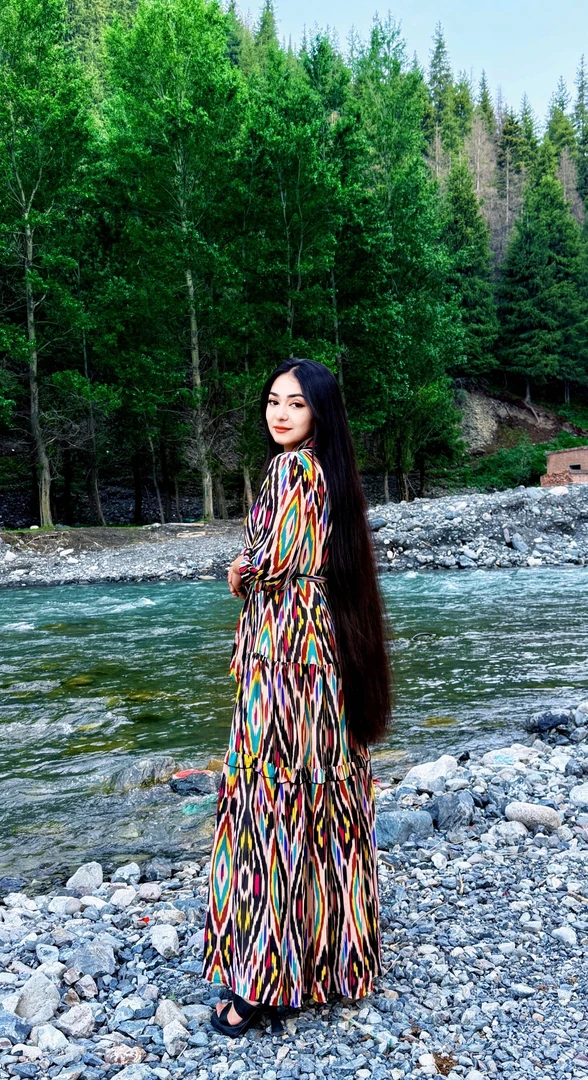 大摆裙长袖印花格子H型V领连衣裙民族风