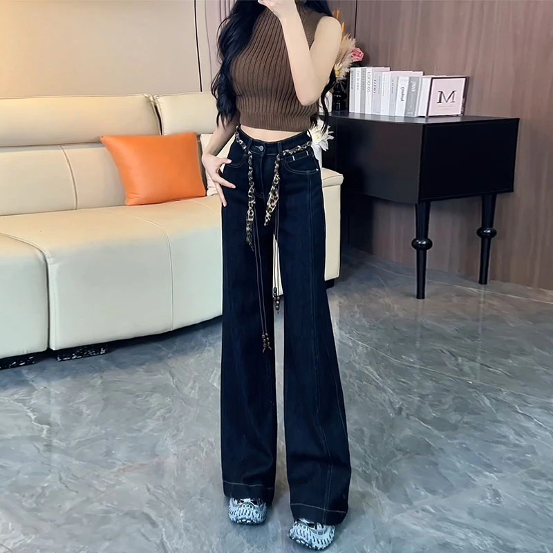 秋季新款美式复古阔腿牛仔裤女高腰百搭显瘦直筒长裤ins