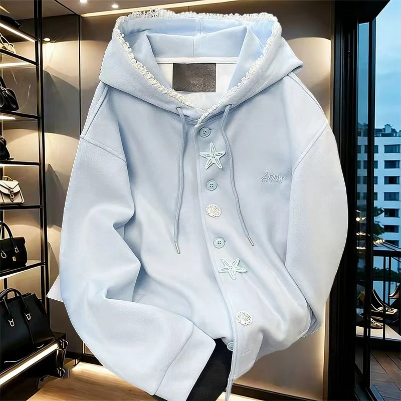 秋冬蕾丝花边拼接连帽卫衣开衫男女特大码300斤情侣宽松百搭外套