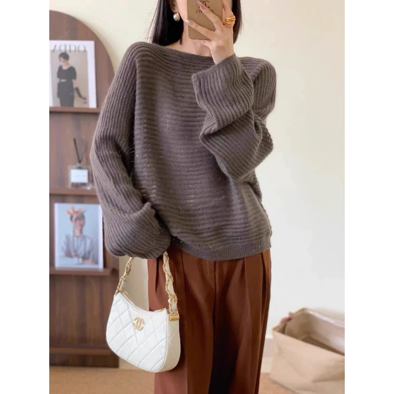 ZHJ348 知禾集 2025秋冬新款一字领女正反针宽松毛衣针织打底上衣