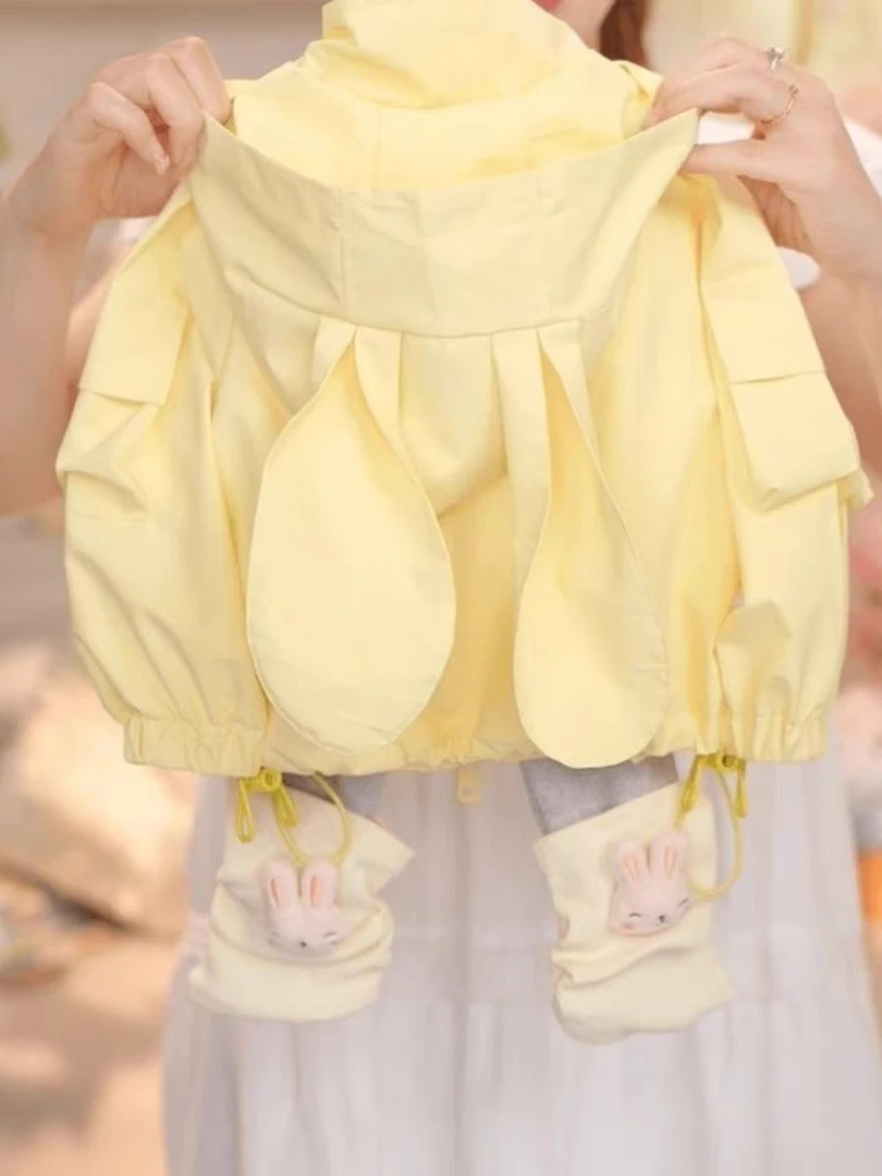 56013女小童2025秋季小兔耳朵连帽防风冲锋衣女宝宝打底裤套装
