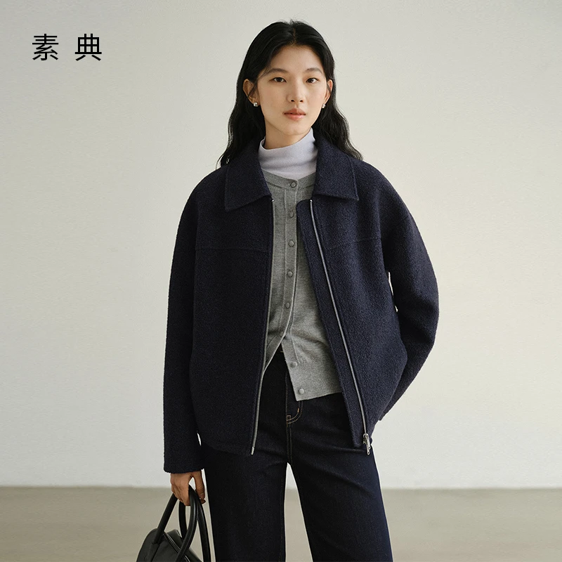 素典【藏青圈圈呢】气质翻领圈圈呢毛呢外套秋冬通勤短款上衣5035