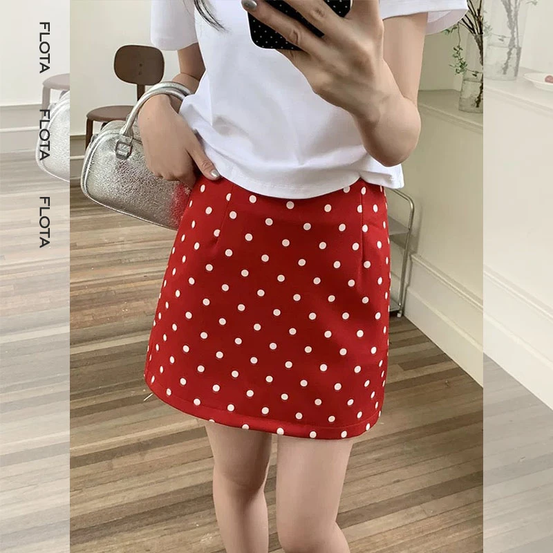 【flota】白色波点红裙小个子a字高腰显瘦半身裙带内衬韩系百搭0099