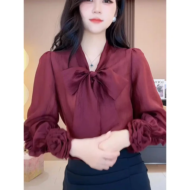 酒红色蝴蝶结飘带衬衣女款2025新款爆款衬衫女高级感轻奢减龄洋气