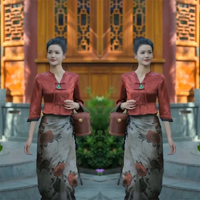 新中式2024年春季新款复古风套装高级感上衣印花设计感百搭半身裙