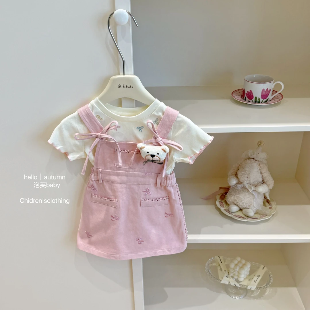 现【泡芙baby】女童夏装套装2025女宝宝背带裙夏季短袖上衣两件套