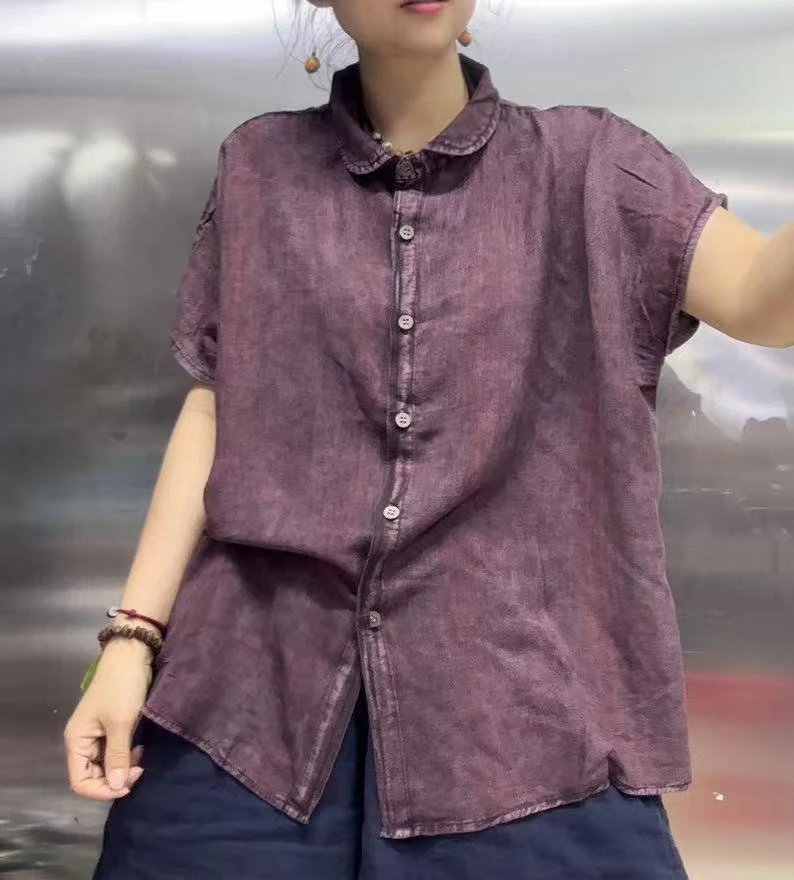 暗条圆角翻领麻料衬衣082341