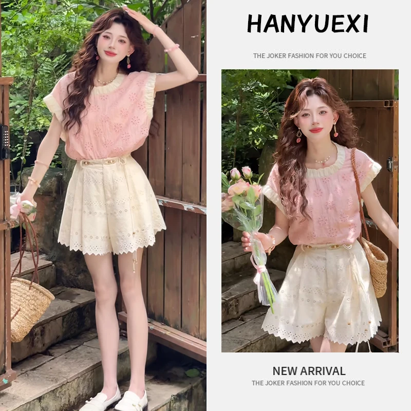 夏季波西米亚一整套女装2025新款复古撞色短袖高腰阔腿短裤两件套