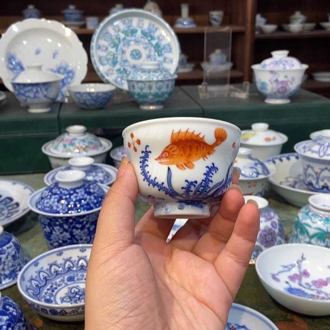 青花矾红鳜鱼葫芦杯