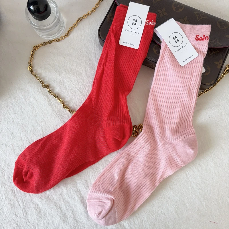 韩国东大门进口慵懒风ins潮袜后跟S字母柔软褶皱春夏薄棉中筒女袜
