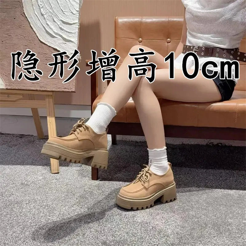 2025秋季新款内增高粗跟单鞋英伦风系带小皮鞋小个子真皮乐福鞋女