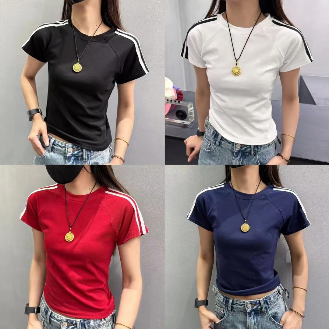 1613夏季美式复古杠条简约圆领短袖T恤短款上衣潮