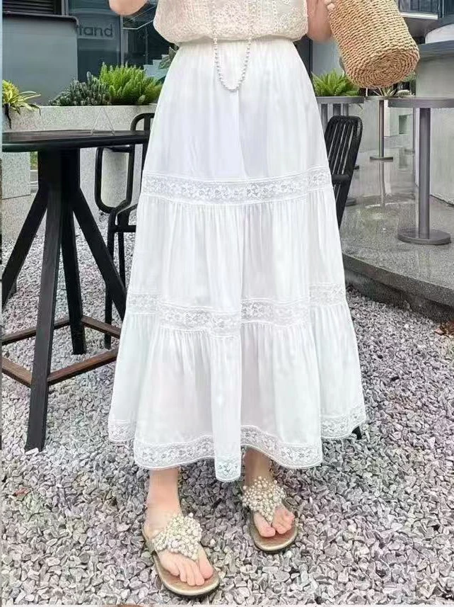 韩版气质显瘦高腰蕾丝拼接中长款半身裙6672