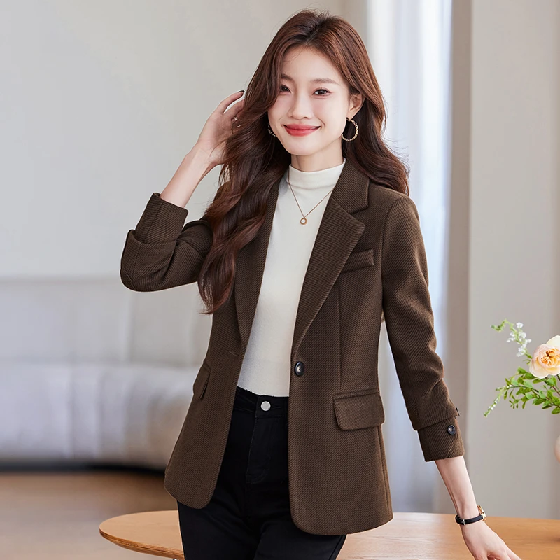 简约通勤韩版秋冬咖色宽松女西装韩版百搭修身小个子职业西装外套