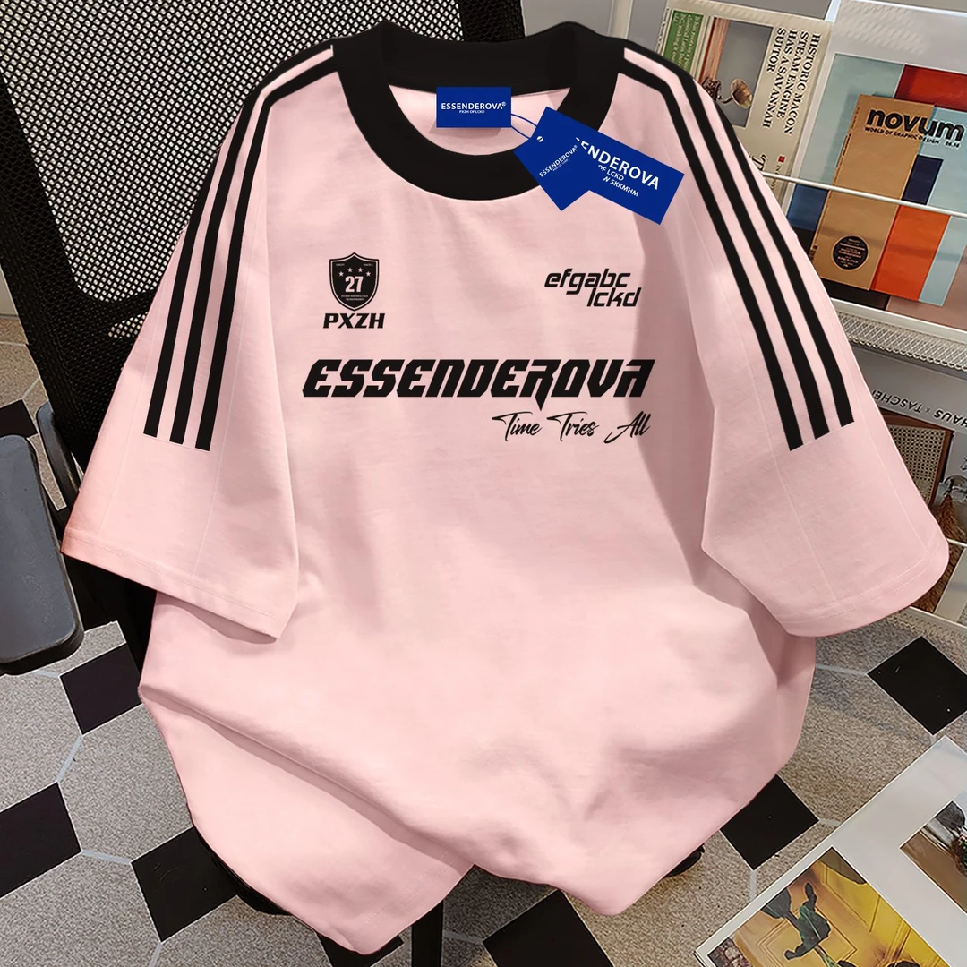 100%纯棉简约通勤字母印花三条杠短袖t恤男女夏季宽松潮牌上衣ins