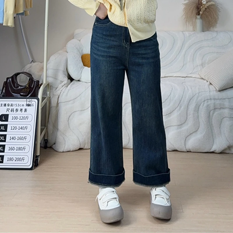 2025爆款大码胖mm直筒裤宽松蓝色裤子秋季新款牛仔裤复古显瘦裤子