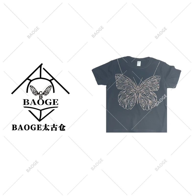 【BAOGE太古仓】欧货螺纹棉正肩打底衫重工艺烫钻短袖T恤女