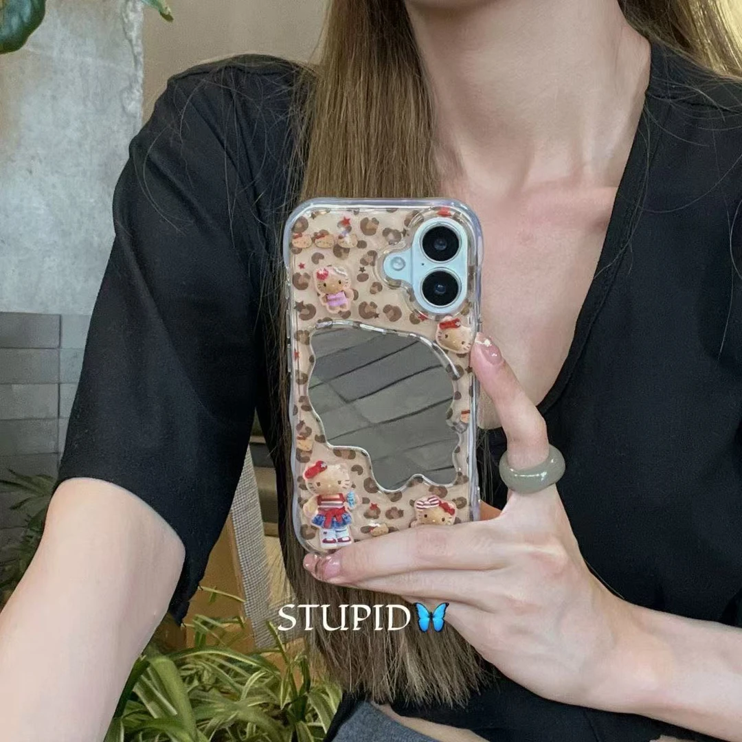 美拉德棕色豹纹黑皮Kitty适用苹果17promax波浪镜面手机壳华为P70