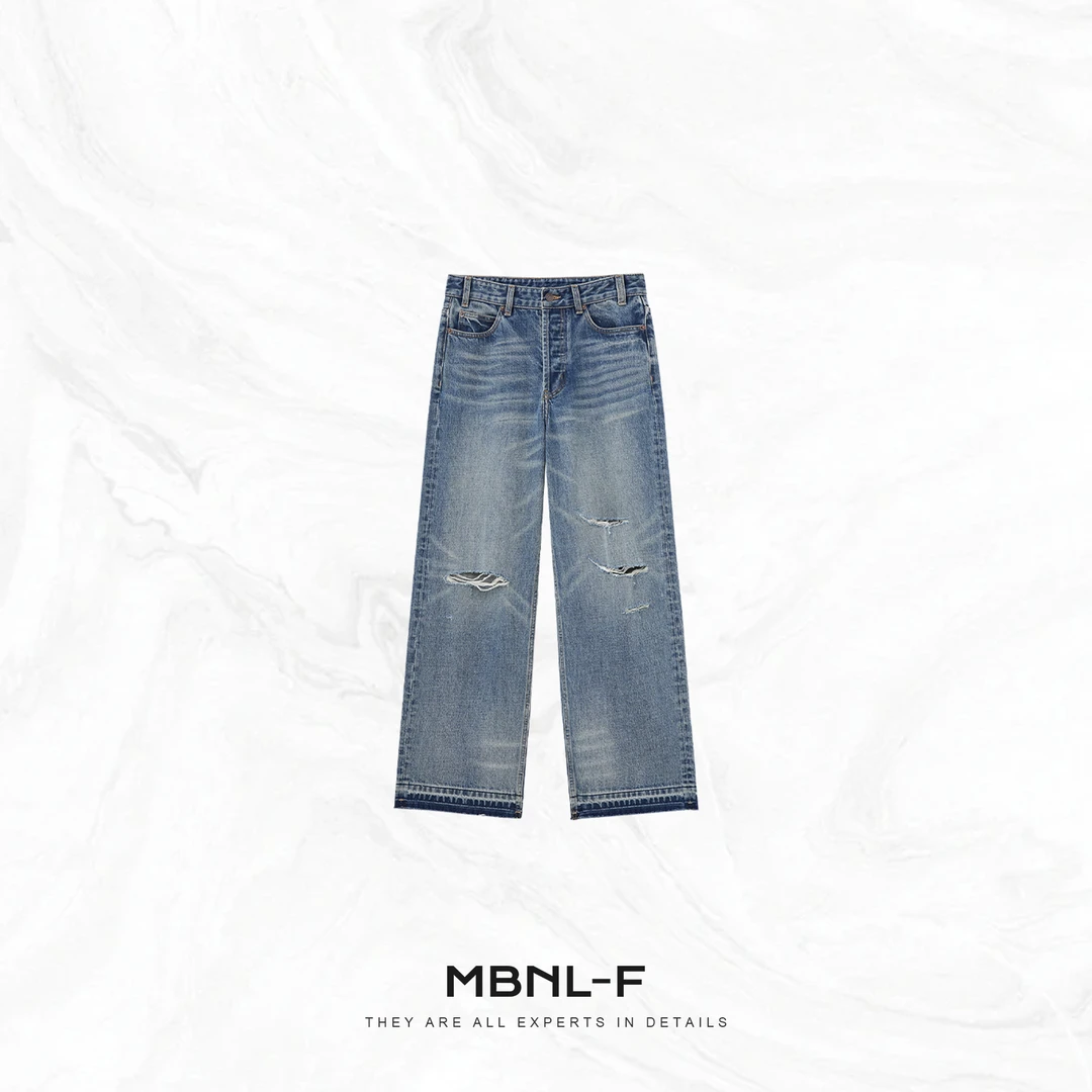 MBNL-F "破洞蓝牛" 质感水洗猫须破洞纯棉牛仔裤 秦磊XM-XNZ6627