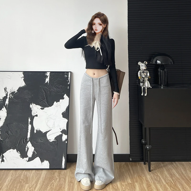 裤长108cm 秋冬运动加长美式抽绳慵懒休闲裤空气层阔腿裤女高个子