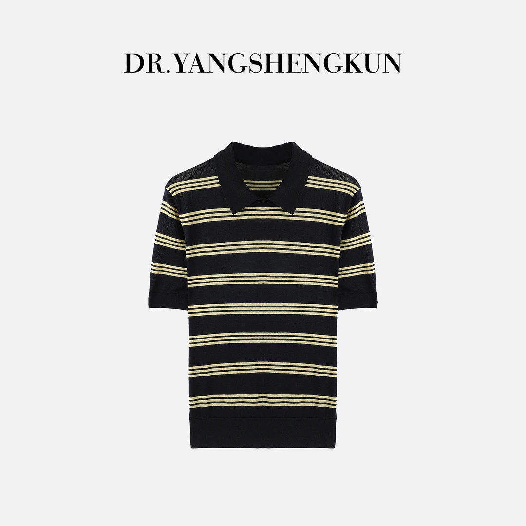 DR杨圣坤2025夏季天丝羊毛混纺Polo领显瘦百搭条纹短袖女SW255101