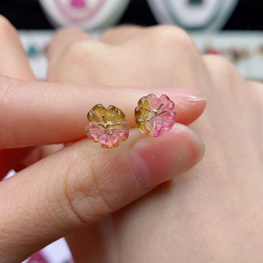 18K金镶嵌耳饰碧玺花花耳钉yy