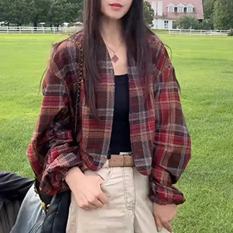 格子长袖短款设计感牛仔外套女秋季2025年新款小香风复古气质夹克