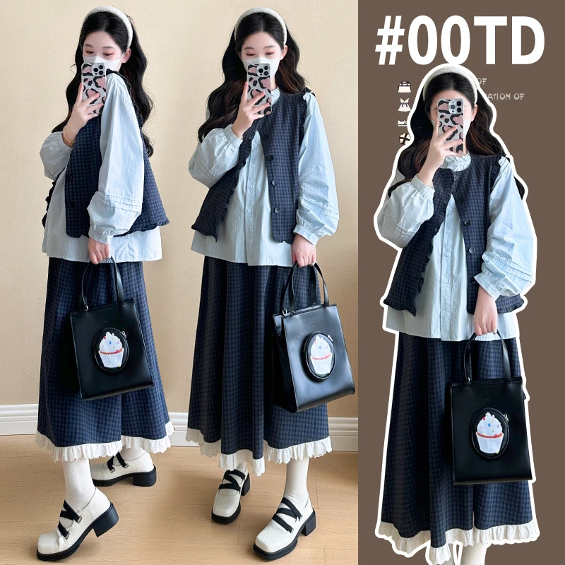 孕妇套装春装新款孕妇三件套 棉布衬衫+格子马甲半身裙套装