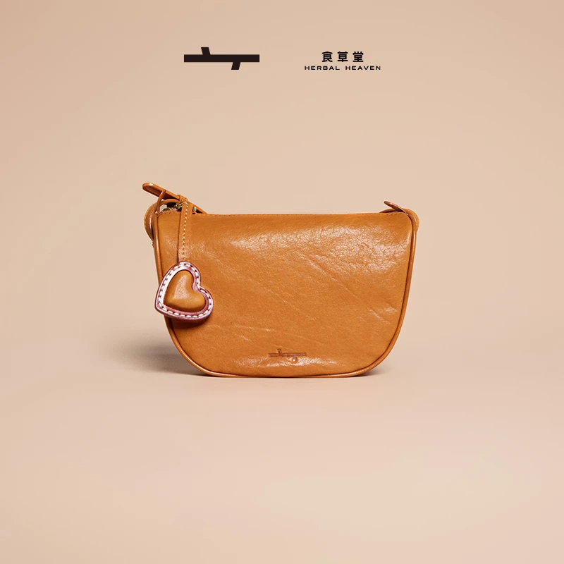 食草堂饺子包头层水晶植鞣牛皮小众设计文艺复古百搭款单肩包千灵
