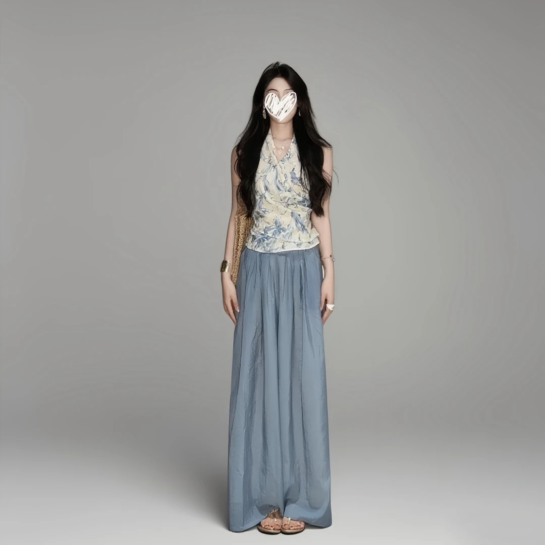 韩系复古青花瓷图案小众设计感无袖气质小衫+休闲阔腿裤套装Q159