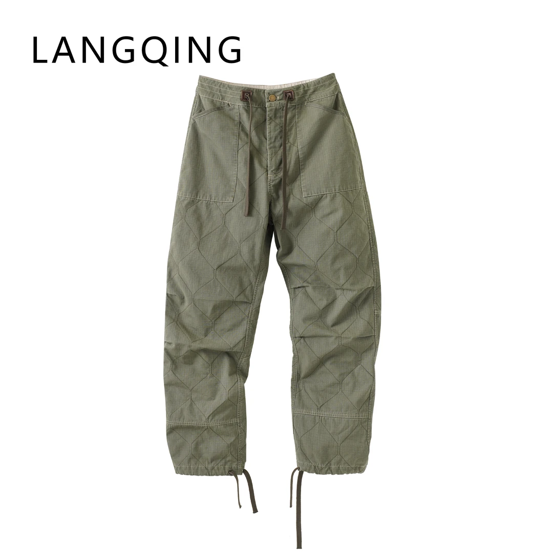 浪清/女装推荐 萝勃塔军绿色菱格棉裤43342#