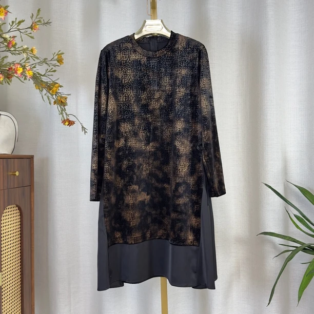 0858-秋冬新款金丝绒拼接醋酸断连衣裙时尚百搭衣服长度93厘米