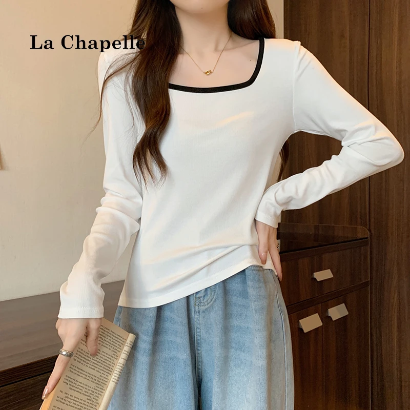 拉夏贝尔大码胖MM方领长袖正肩T恤女2026春秋打底衫遮肚显瘦上衣