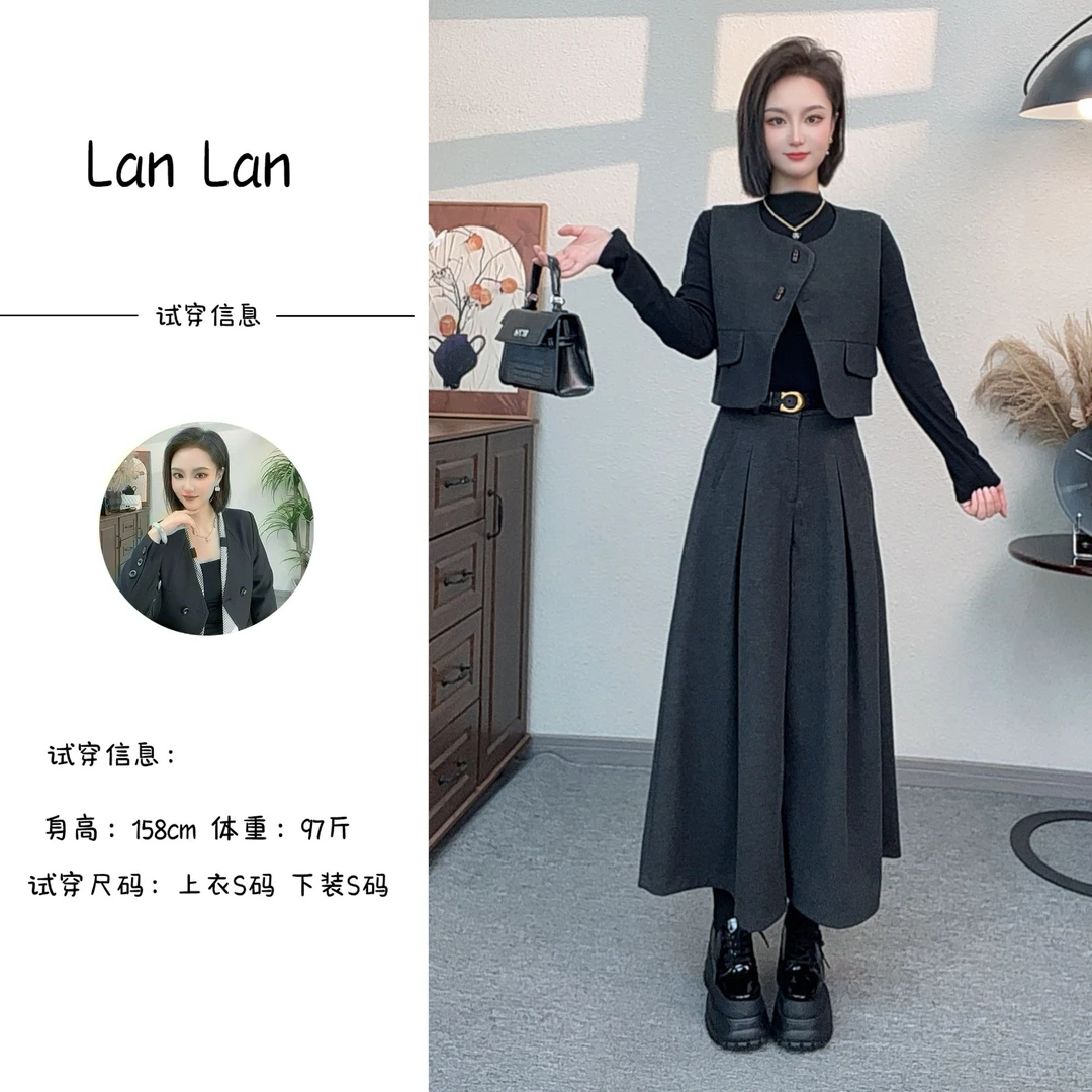 蔡小姐2025秋冬新款女气质显瘦复古毛呢时尚马甲+打底+裤裙套装