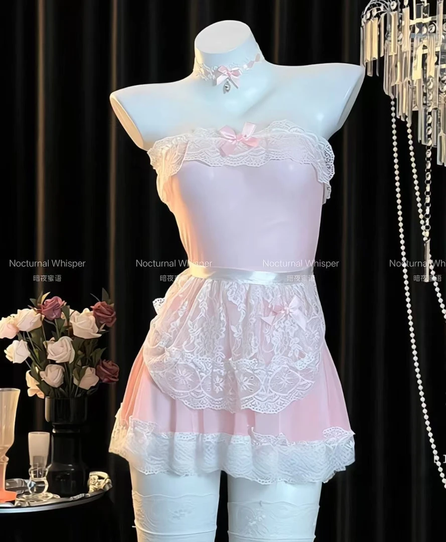 暗夜蜜语【甜心女友】性感纯欲风蕾丝花边一字领抹胸睡裙甜美时尚