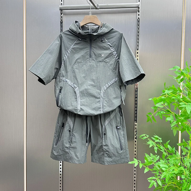 2025新款男士夏季连帽短袖短裤休闲运动套装宽松透气速干时尚舒适