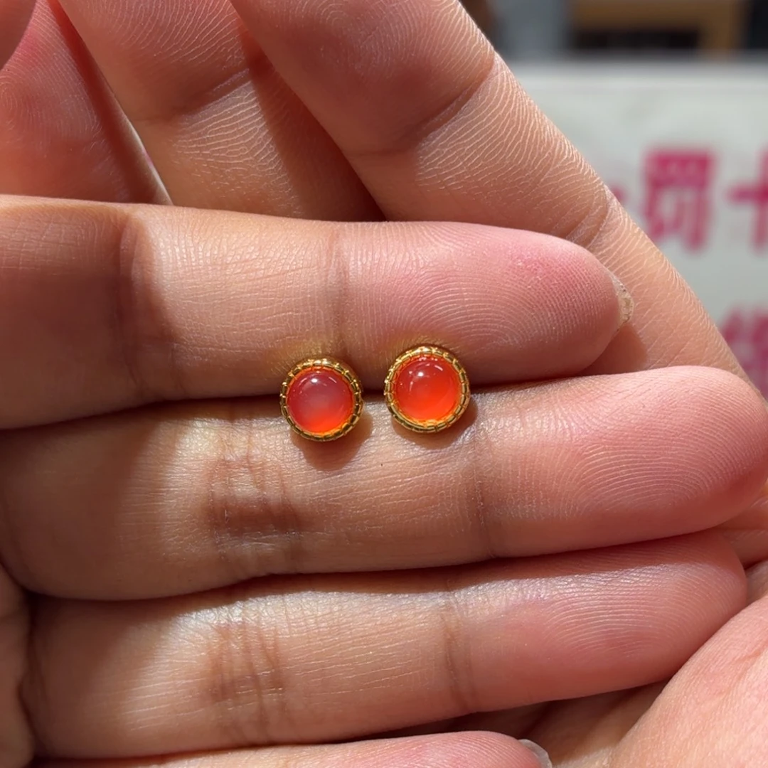 南红玛瑙原矿南红河湾冰红耳钉银S925镶嵌