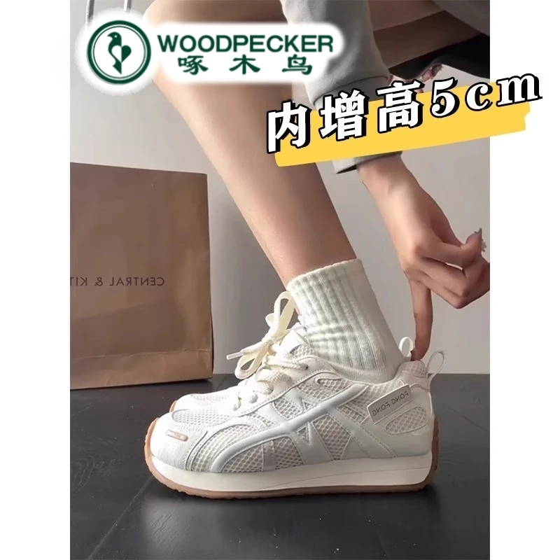 啄木鸟内增高德训鞋女2025新款夏季网面透气小白鞋运动鞋阿甘鞋