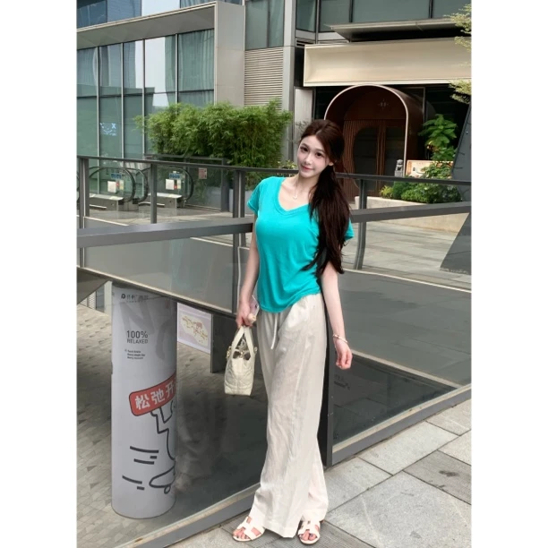 【梦梦服饰】松石绿v领正肩T恤+气质亚麻白色裤子