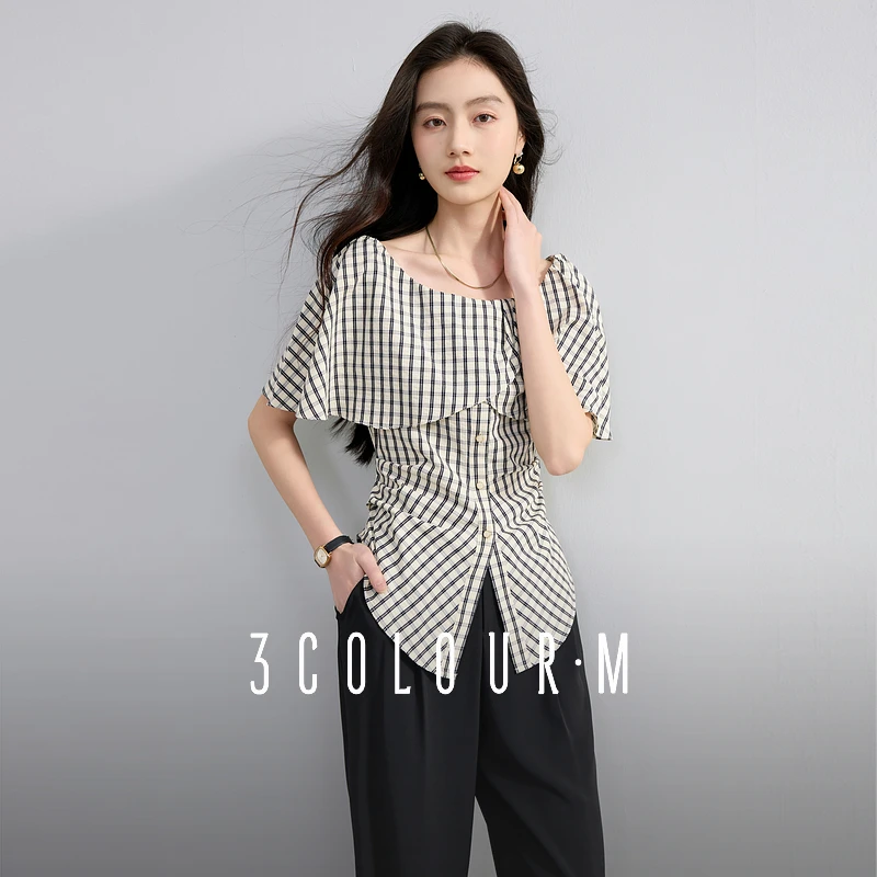 三彩2025夏季新款荷叶边一字领格纹衬衣开叉收腰上衣优雅M