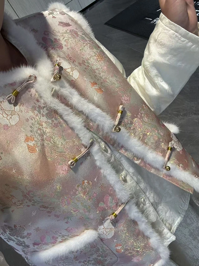 100%桑蚕丝！拼接水貂毛粉色宋锦棉马甲